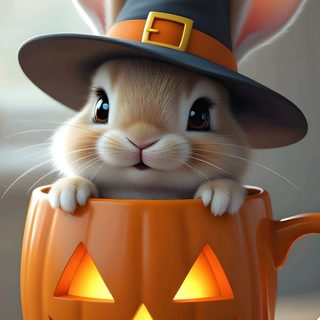 a rabbit in a pumpkin cup with a hat on it's head and eyes wide open Halloween Easter Ideas Face Painting Halloween, Halloween Inspiration, Halloween Animals, dim gray