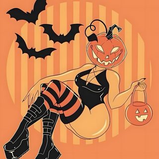 a woman dressed up as a witch holding a pumpkin Halloween Pin Up Creative Halloween Costume Ideas, Halloween Costume Illustration, Pumpkin-headed Woman With Bats, coral