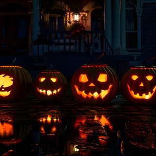 five carved pumpkins sitting in front of a house with their faces lit up at night Halloween Desktop 1920x1080 Halloween Background For Desktop, Halloween Desktop 4k, Halloween Desktop Hd, black