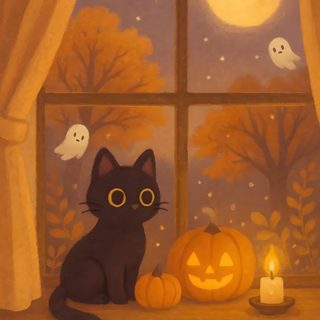 a black cat sitting on a window sill next to a lit candle and pumpkin Cute Halloween Black Cat Cozy Halloween, Kawaii Fall Cat, Cute Fall Cat Drawing, Pumpkin Cat Aesthetic, sienna