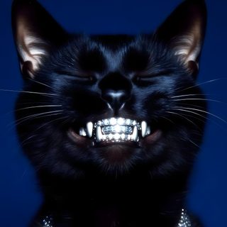 a black cat wearing a necklace and smiling at the camera with it's teeth wide open Black Cat Diamonds For Halloween In black