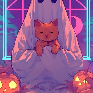 an orange cat sitting on top of a bed covered in a blanket next to pumpkins Vaporwave Halloween Kawaii Cat Halloween, Ghost And Cat, Cats And Bats, Cat Ghost, slate gray