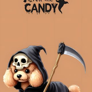 a small dog wearing a costume and holding a scapula with the words i'm here for the candy on it Dog Halloween Iphone Cute Halloween Puppy, Halloween Dog Hd, Halloween Dogs, dark salmon