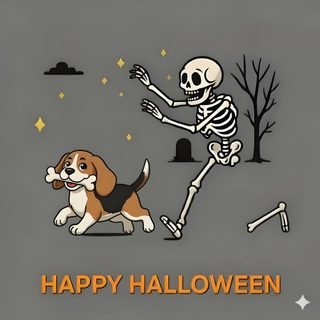 a cartoon skeleton running with a dog in front of it and the caption happy halloween Cute Beagle Halloween Halloween Hound, Funny Dogs, Candy Poster Board, Beagle Hound, Poster Board, dim gray