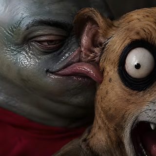 two creepy looking dogs with their mouths open Goofy Ahh Halloween Scared Reaction Pic, Anthropomorphic Animals, Smile Dog, dark slate gray