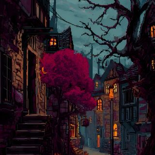 a painting of a city street at night with the moon in the sky above it Halloween Pixel Art black