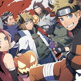 the characters from naruta are standing in front of an orange background with bats Naruto Halloween Naruto Ages, Naruto Thanksgiving, Naruto Halloween, Meliodas Christmas, sienna