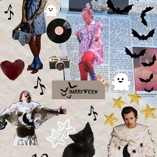 a collage of halloween pictures with cats, bats, and other things in them Harry Styles Happy Halloween Iphone Movie Posters, Harry Styles Harryween Outfits, Harry Styles, dark gray