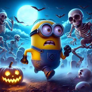 a cartoon minion running through a graveyard with skeletons and jack - o'- lanterns Minion Halloween Desktop Spooky Minion Meme, Minions Dvd, Halloween, Minions, dark slate gray