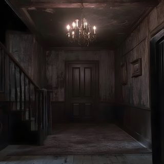 an empty dark hallway with chandelier and wooden floors in the house or apartment Halloween Creepy House Halloween House Inside, Horror House Interior, Inside A Haunted House, dark slate gray
