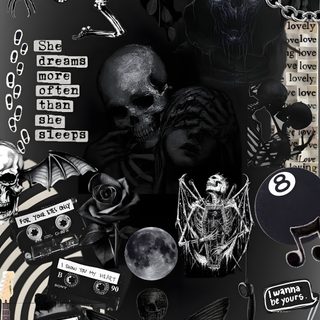 a collage of black and white images with skulls, bones, and other items Lockscreen Grunge Edgy Aesthetic Halloween Skeleton Background, Skeletons, Skeleton, dark slate gray