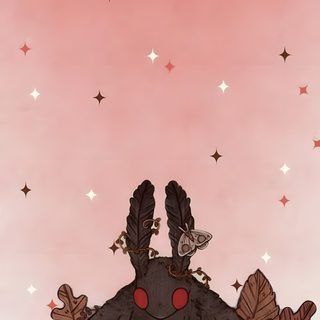 an illustration of a woman with red eyes sitting in front of leaves and stars on a pink background Halloween Moth tan