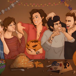 a group of people standing next to each other in front of a table full of food One Direction Halloween One Direction Fan Art, One Direction Cartoons, One Direction Art, saddle brown