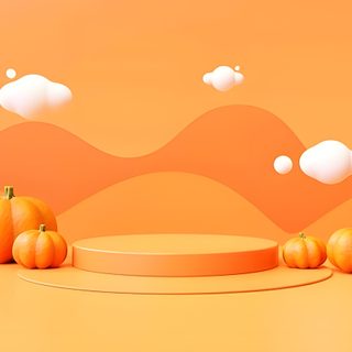 three orange pumpkins sitting in front of an orange background with mountains and clouds above them Halloween Podium Autumn Background For Product Display, Halloween Podium, Orange Podium, sandy brown