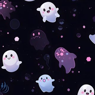 a group of ghost floating in the air on a black background with pink and blue bubbles Purple Halloween Boo Ghost Cute, Dark Creative, Cute Halloween, Cute Ghost, black