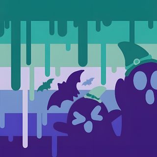 a purple and green poster with bats flying over it's head in front of an abstract background Gay Halloween Flag Creator, Funny Medieval, Christmas Tree, Bisexual Flag, Gay Flag, Gay Memes, steel blue