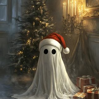 a white ghost with a red santa hat next to a christmas tree Halloween Christmas Christmas Ghost, Haunted Christmas, Christmas Halloween, dark olive green