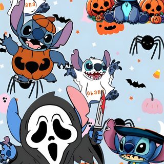 cartoon characters with pumpkins and bats on a blue background Stitch Halloween For Ipad Cute Halloween Stitch Backgrounds, Pretty Backgrounds, Halloween, silver