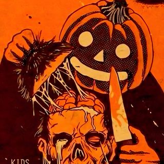 an orange poster with a creepy face and a knife Old School Halloween Halloween Posters Aesthetic, Halloween Aesthetic Poster, Halloween Poster Aesthetic, saddle brown