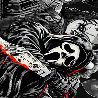 a black and white drawing of a person holding a snowboard in front of other people Juvea Halloween 4k Ghostface Cool, Ipad Horror, Cool Ghostface, 4k Pc Gamer, Chromebook, black