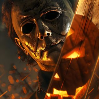 a creepy looking man holding a knife in front of a fire filled field with pumpkins Mike Myers Halloween Michael Myers Art, Horror Movie Tattoos, Movie Tattoos, Scary Movie Characters, maroon