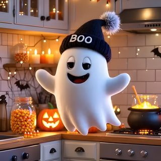 a kitchen decorated for halloween with pumpkins and decorations on the counter, including a ghost Halloween 3d Gif Halloween 2025 Gif, Halloween 2024 Gif, Happy Halloween 2025 Gif, Halloween Video, sienna