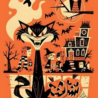 an orange poster with black cats and bats on it's face, the words beware Beistle Halloween Rankin Bass, Retro Bats, Vintage Halloween Bat Art, Halloween Design Illustration, tomato
