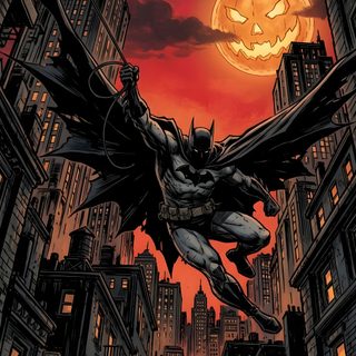 a batman flying through the air in front of a full moon and cityscape Dc Halloween Dc, Batman Arkham Knight Concept Art, Batman The Long Halloween, dark slate gray