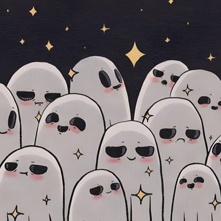 a group of ghost like people standing in front of stars Kawaii Halloween Desktop Ghost Aesthetic Laptop, Ghost Desktop Aesthetic, Ghost Computer, dark gray