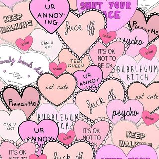 many hearts with words written on them in pink and purple colors, all arranged together Halloween Conversation Hearts Creative Phone Ideas, Cute Text Art Design, Funny Text Art Inspiration, pink