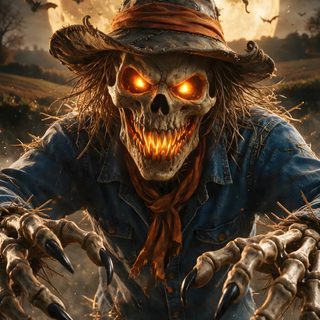 a creepy scarecrow with glowing eyes and hands in front of a full moon Scary Halloween Characters Monster Board, Skeletal, Halloween Monster, Creepy Halloween, dark slate gray