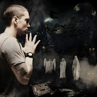 a man standing in front of a group of ghost Eminem Halloween Eminem The Candy, Eminem Godzilla Cover Art, Slim Shady Halloween, Eminem And Proof, black
