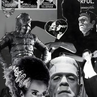 a collage of halloween stamps with the faces of two people and an evil man Frankenstein Halloween dark slate gray