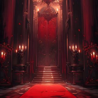 a red carpeted hall with chandeliers and candles Halloween Vampire Background Vampire Kingdom, Evil Palace, Dark Fantasy Palace, Gothic Palace Art, black
