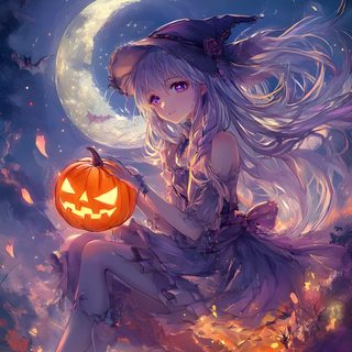a girl in a dress holding a pumpkin Halloween Anime Hd Anime Halloween Aesthetic, Anime Halloween Phone, Iphone Kawaii Halloween, dark slate blue