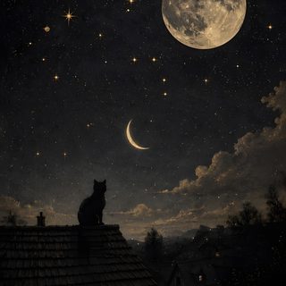 a cat sitting on top of a roof under a full moon and stars filled sky Rainy Halloween Night Sky Dark Of Moon, Black Background Cat, Backgrounds Night Sky, Moon Wallpaer,