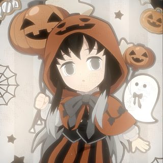 an anime character dressed as a witch with pumpkins and ghost faces on her head Halloween Muichiro Demon Slayer Pfp Halloween, Kny Pfp Halloween, Demon Slayer Christmas Pfp Muichiro, tan