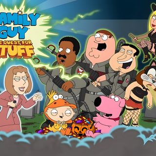family guy the quest to stuff is shown in this animated image, with many characters surrounding it Family Guy Halloween Family Guy Halloween, Family Guy Ghost, Family Guy Pc, Family Guy Laptop, dim gray