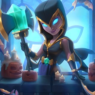an animated character holding a hammer in front of a table with candles and pumpkins Clash Royale Halloween Clash Royal, Witch Clash Of Clans, Wizard Clash Royale, dark slate blue