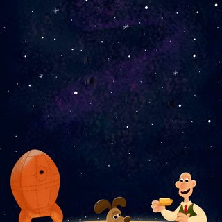 a man sitting on top of a table next to a dog and an orange turtle Wallace And Gromit Halloween Background Wallace And Gromit Spaceship Drawing, Wallace And Gromit Space, Wallace And Gromit Rocket, black