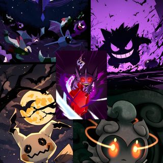 the four images show different types of cartoon characters and their respective colors, shapes, and sizes Pokemon Halloween dark slate gray
