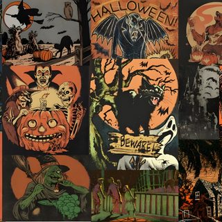 a collage of halloween images with pumpkins, witches and other things on them Vintage Halloween Art Laptop Spooky Laptop, Fall Computer Backgrounds, Poster Collage, dark olive green