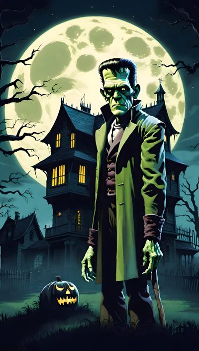 a man in a green suit and hat standing next to a pumpkin on the ground Frankenstein Halloween Classic Horror Character Art, Frankenstein Under Full Moon, Halloween Decoration Ideas, dark slate gray