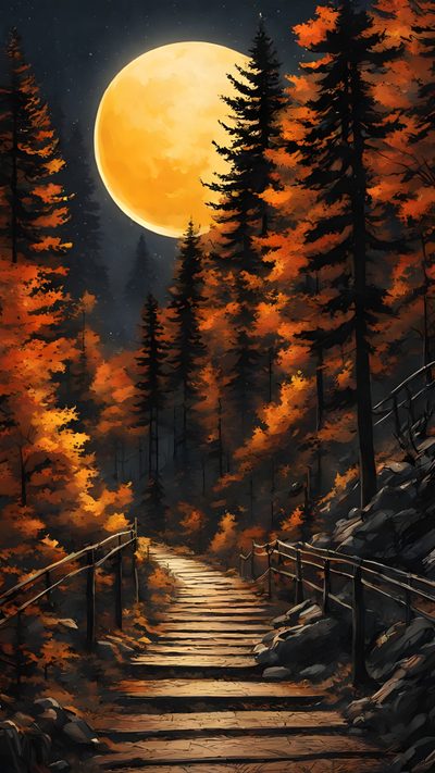 a painting of a forest with stairs leading to the full moon in the night sky Halloween Mountain Harvest Moon Over Bridge, Autumn Forest Moonlight, Autumn Forest Night Scene, dark slate gray