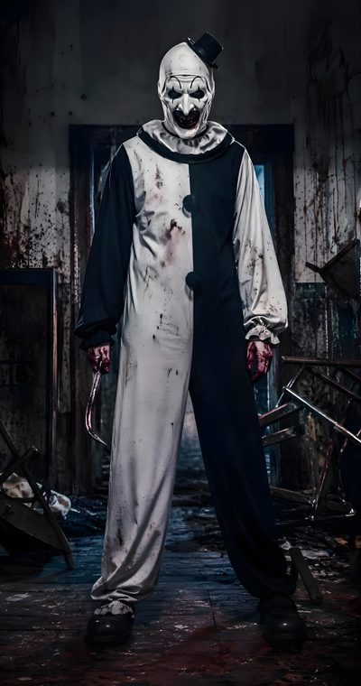 a man dressed in a scary clown costume Halloween Terrifier Horro Characters, Halloween Costume Men Scary, Terrifier 3, Terrifier Full Body, black