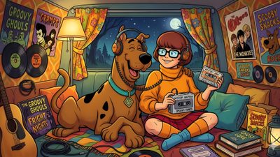a woman sitting on top of a bed next to a dog with an old radio Scooby Doo Halloween 1920x1080 Cartoon Faces Drawing, Sketch Markers, Cartoon Tv, dark olive green