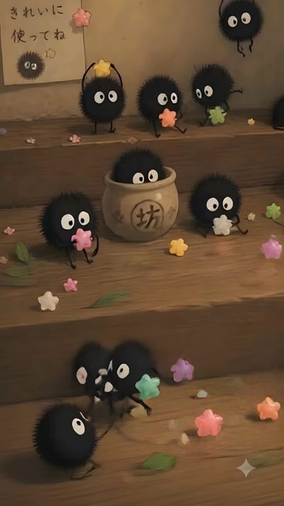 some little black animals are on the stairs Totoro Halloween Moving, Childhood Memories Art, Live, Android, Studio Ghibli, Cartoon, dark olive green
