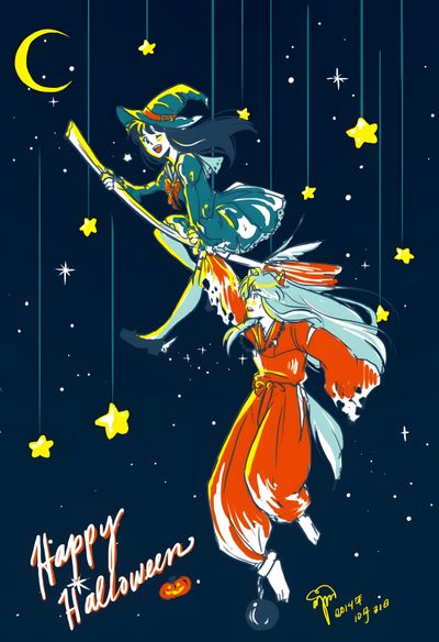 a painting of a woman holding an umbrella in the night sky with stars and moon Inuyasha Halloween Inuyasha Witch, Inuyasha Halloween, Inuyasha Christmas, Inuyasha Happy New Year, black