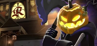 an animated halloween scene with a jack - o'- lantern Tf2 Halloween Tf2 Zombies, Tf2 Witch, Tf2 Halloween, Merasmus Tf2, Team Fortress 2 Hats, dark slate gray