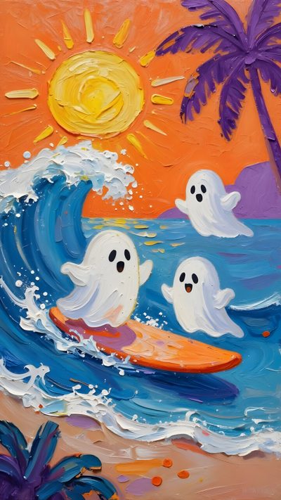 a painting of three ghost surfing in the ocean with palm trees and an orange sky Halloween Summerween Summer Ween, Painting For Kids Ideas, Cute Halloween Paintings, rosy brown